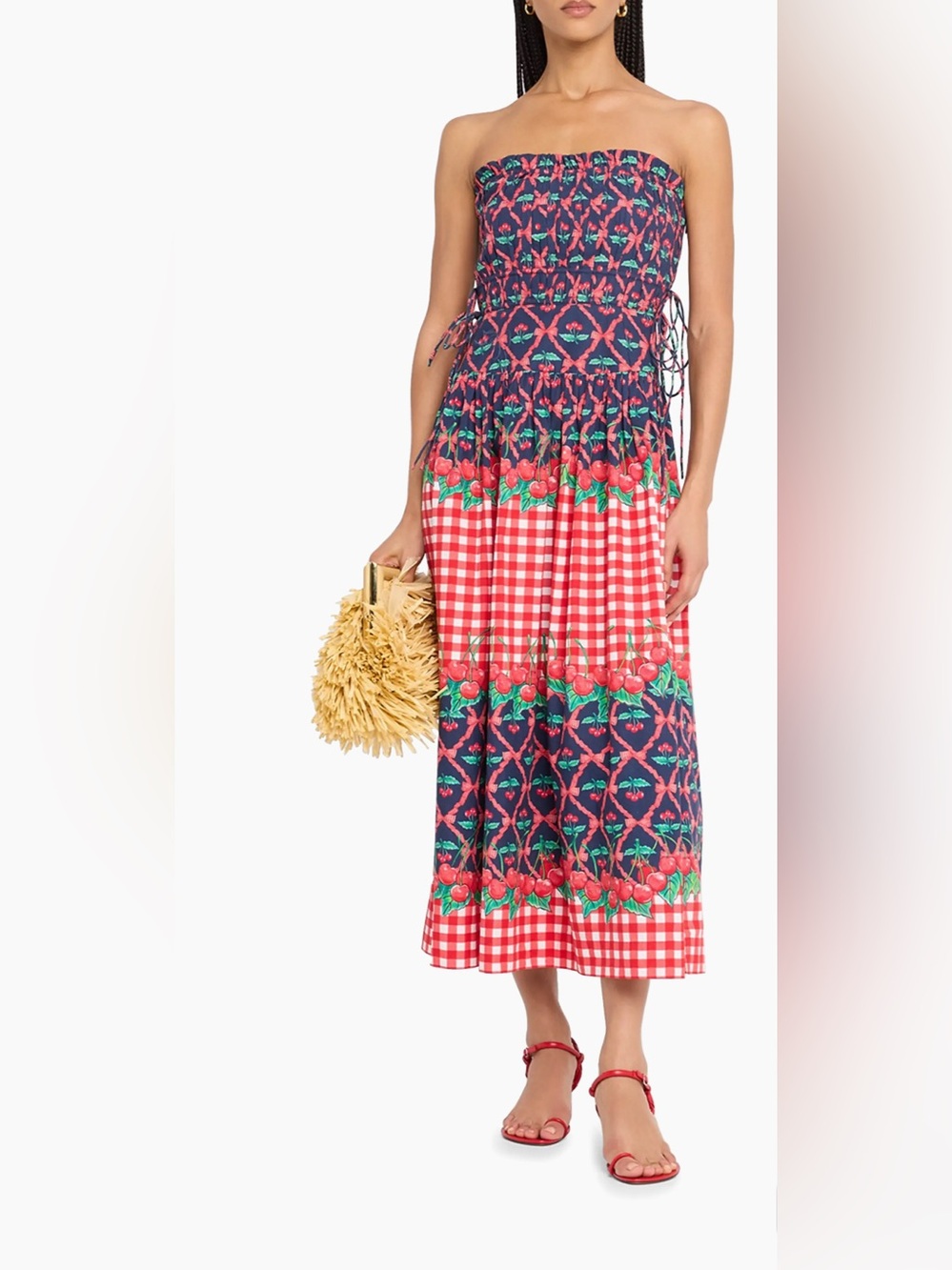 Damson Madder Strapless Red Gingham & Cherry Maxi Dress